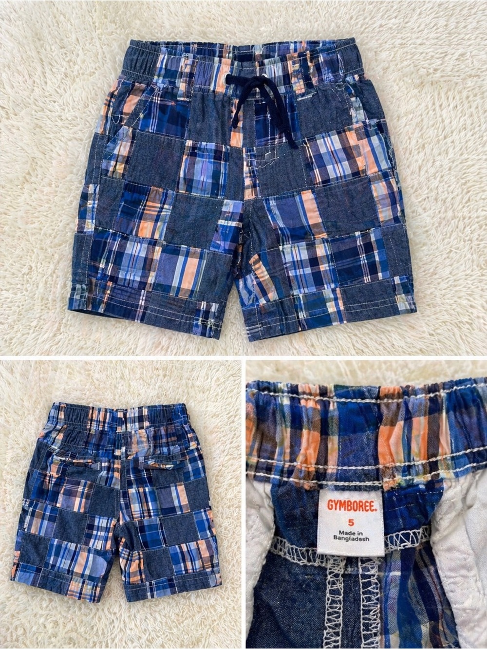 Gymboree Patchwork Plaid Shorts in Navy Blue and Orange